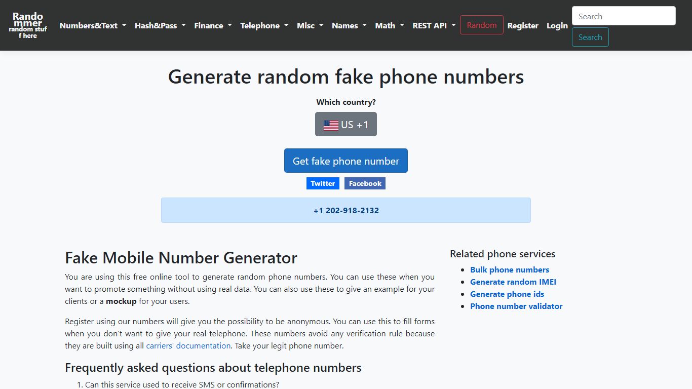Generate random fake phone numbers - Randommer